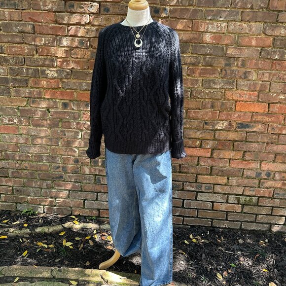 All Saints Black Chunky Wool Alpaca Cable Knit Unisex Sweater Sz M - Picture 1 of 8